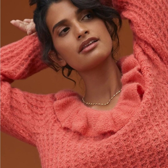 ✨ Anthropologie Ruffled Boat Neck Sweater Sz XS - Picture 3 of 5